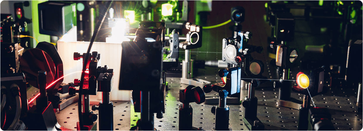 Optical laboratory with lasers and mirrors.